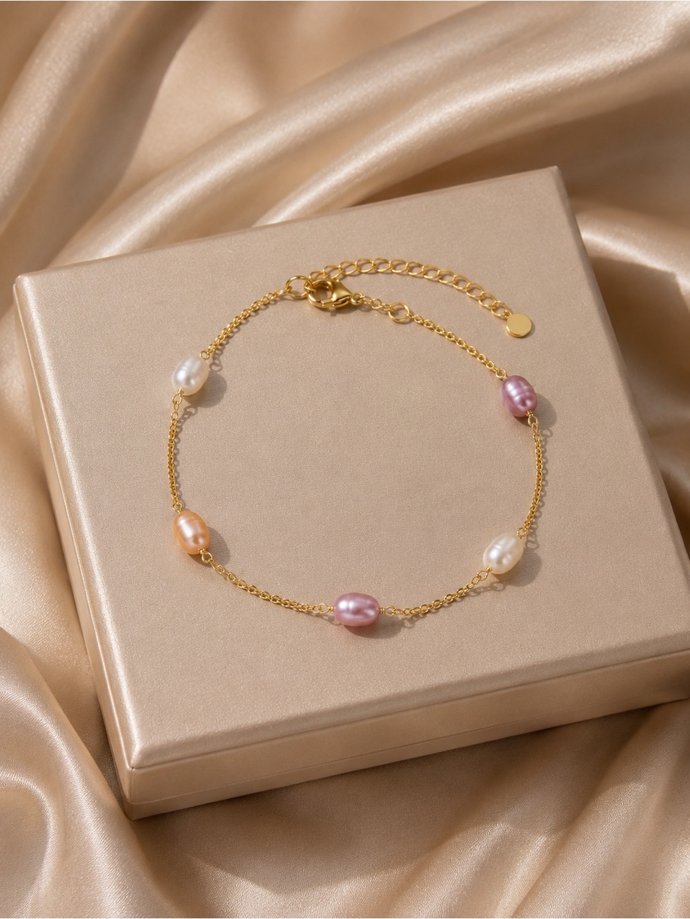 18K Gold Freshwater Pearl Stations Ankle Bracelet - Multicolor - Picture 3 of 5